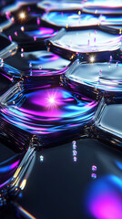 Futuristic neon honeycomb pattern with reflective surfaces and vibrant colors