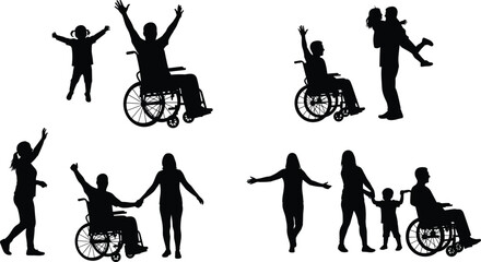 Inclusive family silhouette, wheelchair users, parents and children together, celebrating love, diversity, joyful lifestyle, support, unity, togetherness, happiness