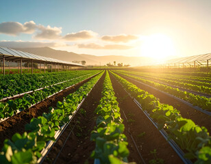 Vibrant Green Rows Of Crops At Sunset On A Farm