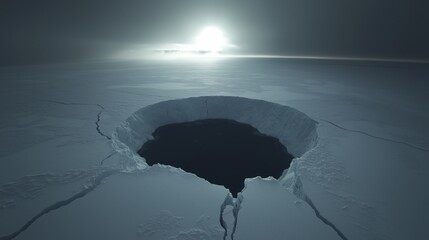 Mysterious arctic ice hole under stormy sky at sunset