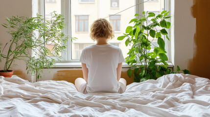 Female caucasian young adult on bed with indoor plants in bright room