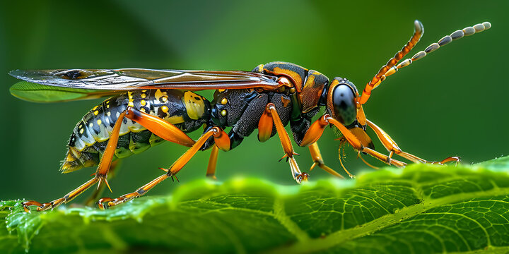 Wasp with striking orange and black markings on leaf
