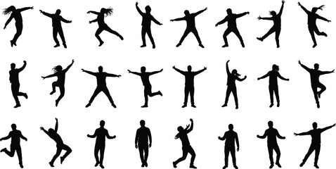 Silhouette dancers performing energetic poses, dynamic movement illustration, artistic choreography, black white vector design, expressive human figures, dance concept image