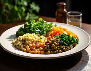 Vibrant Vegetarian Meal: Colorful Vegetables and Grains on a White Plate