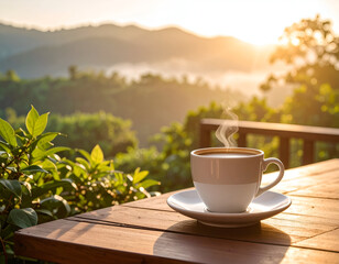 Warm Coffee at Sunrise Mountain View