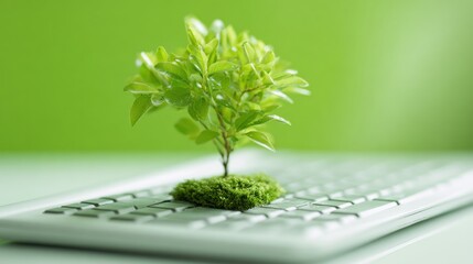 A vibrant green plant emerges from a patch of moss on a keyboard, symbolizing the connection between technology and nature in a bright workspace setting