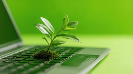 A small green plant emerges from a moss-covered area on a laptop keyboard. The vibrant green backdrop emphasizes the harmony of technology and nature