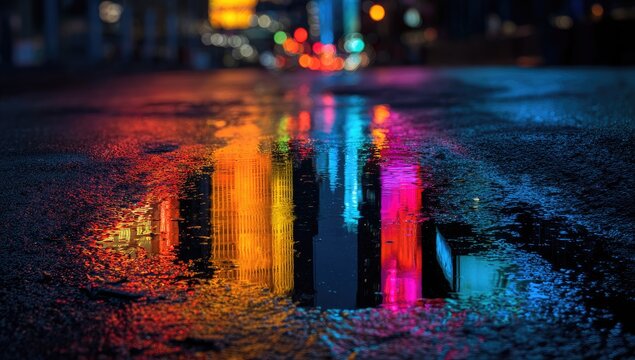 Colorful city lights reflected in a wet street puddle at night