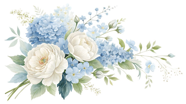 Elegant watercolor floral arrangement featuring soft white roses and delicate blue hydrangeas with green leaves isolated on transparent background