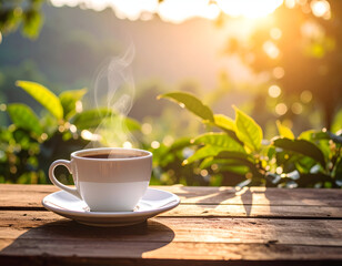 Warm Coffee Cup at Sunrise Outdoors
