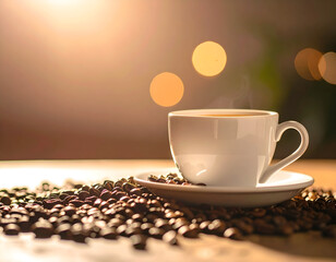 Warm Coffee Cup on Roasted Beans with Bokeh Lights