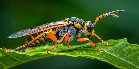 Fototapeta premium Yellow and black wasp perched on green leaf 