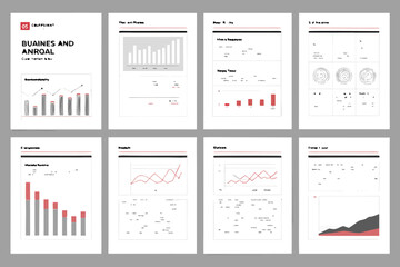Collection of business reports and financial charts showcasing data analysis and performance metrics