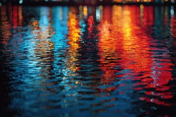 Night city lights reflected in rippling water