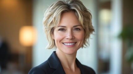 Confident businesswoman smiling, radiating professionalism and approachability in a modern office setting.