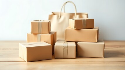 Neatly stacked parcel boxes on a wooden surface, conveying a minimalist delivery concept.