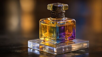 Luxurious perfume bottle with rainbow hues and ornate cap