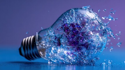 A light bulb shatters dramatically, scattering colorful shards in a burst of purple and blue hues on a surface indoors. This artistic explosion captures attention and sparks creativity