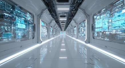 Futuristic corridor with digital displays