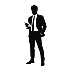 Silhouette of a man in a suit holding a phone and a folder