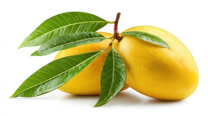 Two bright yellow mangoes with fresh green leaves rest on a clean surface, evoking a sense of freshness and tropical flavors perfect for summer recipes and snacks