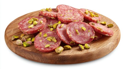 Sliced salami garnished with chopped pistachios is artfully arranged on a round wooden platter. This savory treat is perfect for gatherings or casual snacking at any time