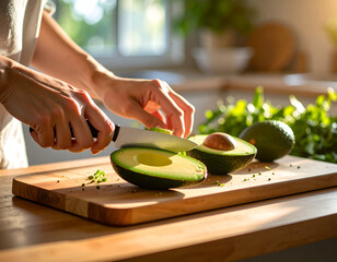 Woman's Hands Slicing Ripe Avocados on Wooden Cutting Board