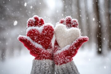 Hands in red mittens holding a heart-shaped object in the snow