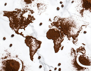 World Map Made Of Coffee Grounds On White Marble