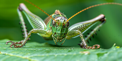 Naklejka premium Green grasshopper poised on leaf with extended hind legs 