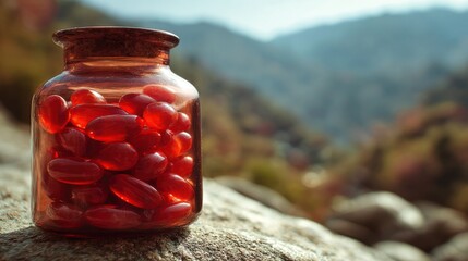 A clear glass jar filled with red capsules sits atop a sunlit rocky surface, surrounded by a picturesque mountainous backdrop showcasing vibrant autumn foliage