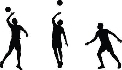 Volleyball players silhouette jump pose, sports action, teamwork energy, athletic movement, black white vector design, dynamic motion illustration, competition scene