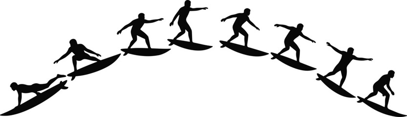 Surfer in motion, riding dynamic ocean waves, showcasing athletic skill, balance, adventure, water sports action, silhouette style, beach lifestyle imagery