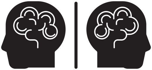 Black Human Head Silhouettes with Brain Symbol – Opposing Directions, Psychology Concept