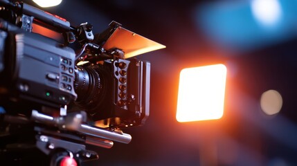 Close-up of a professional camera setup capturing vibrant lighting in a studio environment