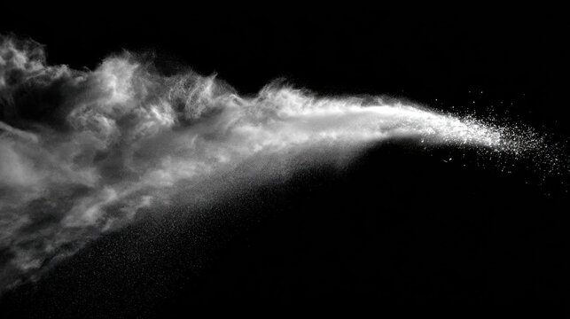 A cloud of fine particles is artistically dispersed against a black background, creating an abstract and dynamic visual effect. The swirling shapes evoke a sense of movement and creativity - Powered by Adobe