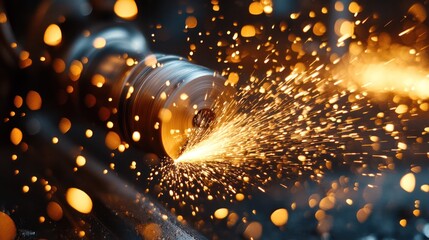 Glowing sparks erupt as steel grinds on metal surface, capturing raw industrial power