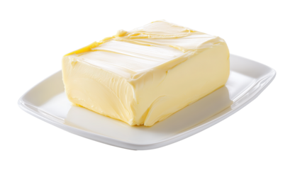 Fresh butter block on white plate with transparent background