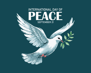 Dove of peace concept. Symbol of freedom and international day of peace. Chalk painted dove with olive branch