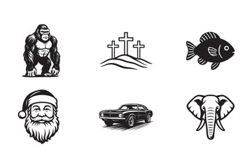 Collection of Black and White Vector Icons Featuring Animals Religious Symbols and a Classic Car Illustration