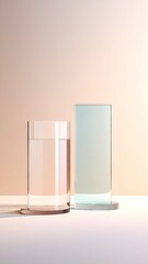 Transparent Glass Surfaces in a Minimal Creamy Dusk Studio Background with Geometric Shapes