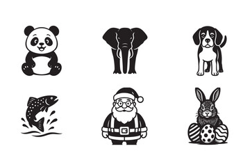 Black and White Vector Icons Panda Elephant Dog Fish Santa Claus and Easter Bunny with Eggs