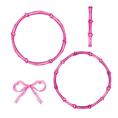 Set of Pink Watercolor Bamboo Stems Frames, Borders for Design and Decoration of Banners, Invitations and Cards