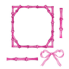 Set Pink frame of watercolor bamboo stems and bow, border for design and decoration of banners, invitations and cards