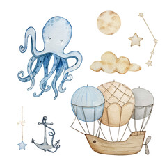 Watercolor Octopus and Air balloon set, dreamy design for decorating banners, invitations and cards