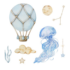 Watercolor Jellyfish and Air balloon set, dreamy design for decorating banners, invitations and cards