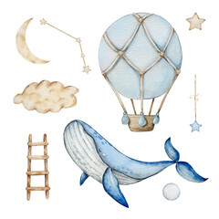Watercolor Whale and Balloon set, dreamy design for decorating banners, invitations and cards.