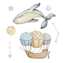 Watercolor Whale and Balloon set, dreamy design for decorating banners, invitations and cards.