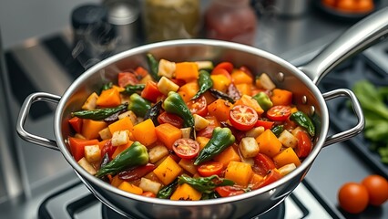 Sizzling vegetable medley in a stainless steel pan, vibrant colors with steam rising in a professional kitchen.