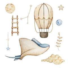 Watercolor Stingray and Air Balloon set, dreamy design for decorating banners, invitations and cards